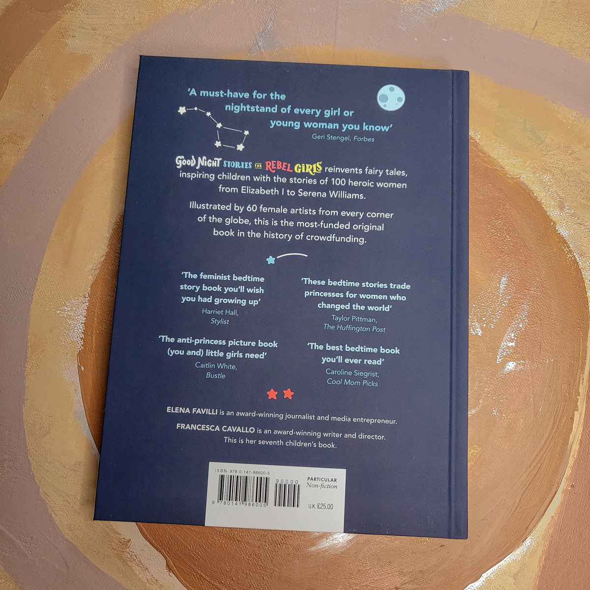 image of a children's book called Goodnight Stories For Rebel Girls. Picture is of the back cover and blurb.