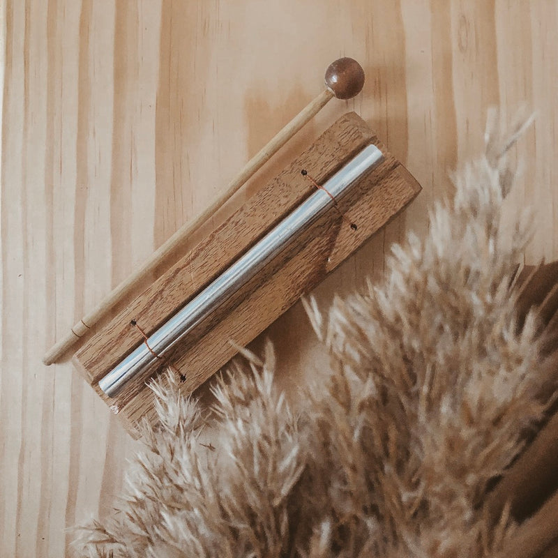 an image of a wooden chime bar instrument on a timber background with natural coloured plants in the foreground