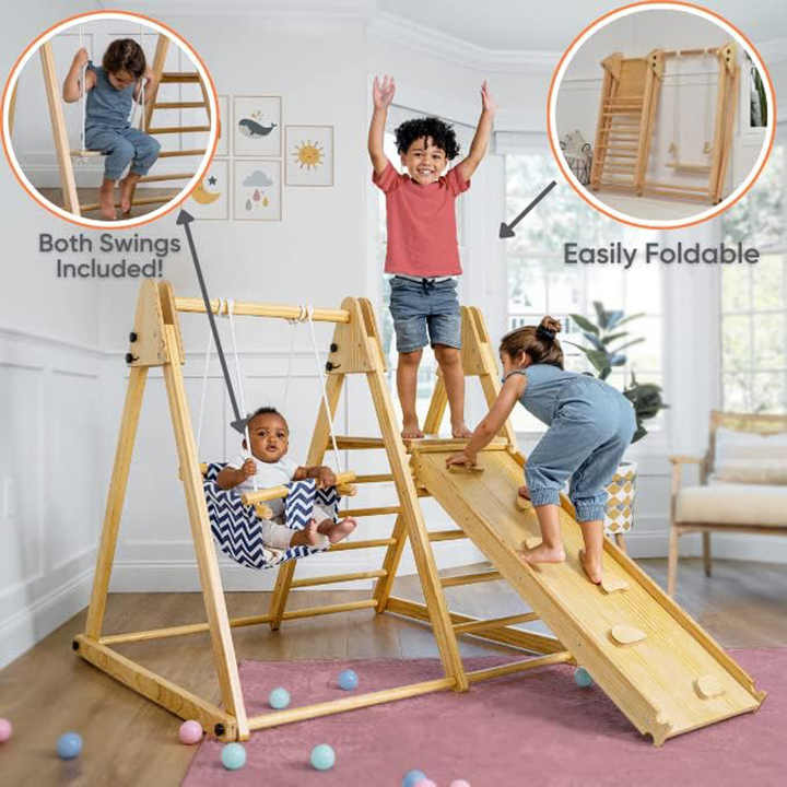 Wooden 4-in-1 Indoor Playset – Slide, Swing, and Climbing Frame for Kids