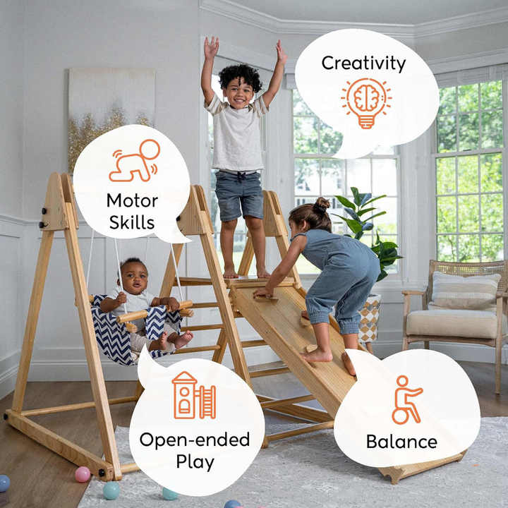 Wooden 4-in-1 Indoor Playset – Slide, Swing, and Climbing Frame for Kids