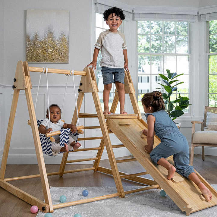 Wooden 4-in-1 Indoor Playset – Slide, Swing, and Climbing Frame for Kids