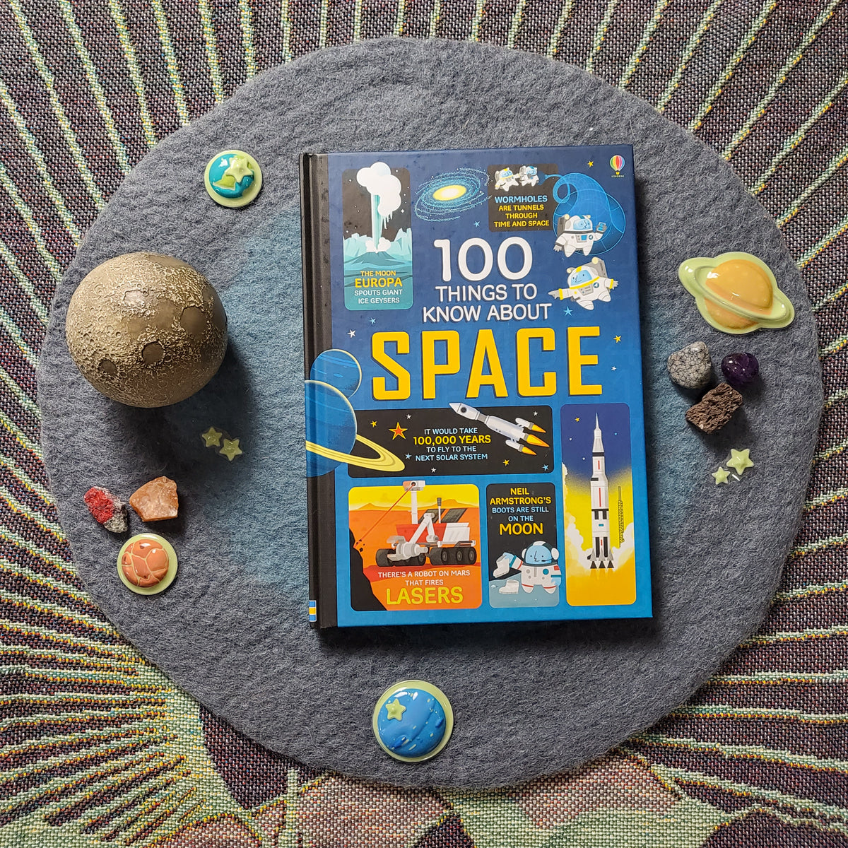 image of children's book about space with planets around  on a felt background