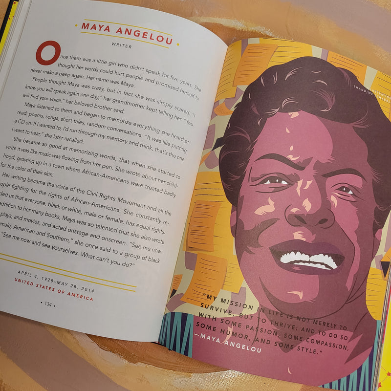 image of a page inside a children's book called Goodnight Stories For Rebel Girls. page is a biography of Maya Angelou.