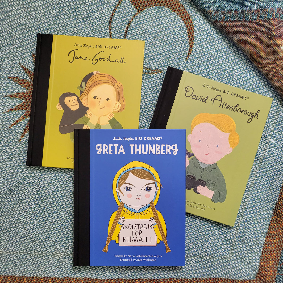 image of three children's biography books, called Greta Thunberg, David Attenborough and Jane Goodall.
