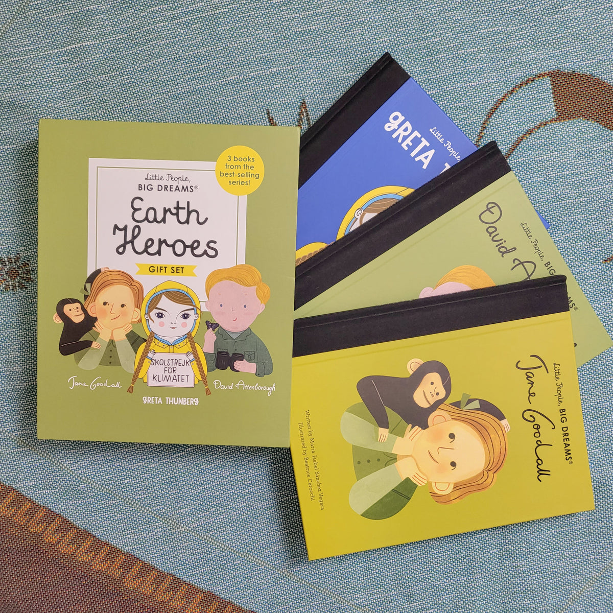 image of children's book called Little People Big Dreams, Earth Heroes. There are 3 books, each called Greta Thunberg, David Attenborough and Jane Goodall.