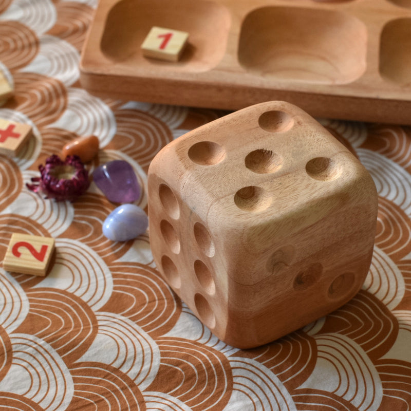 Image of a large wooden dice on a brown rainbow background with a wooden sorting tray and wooden number tiles