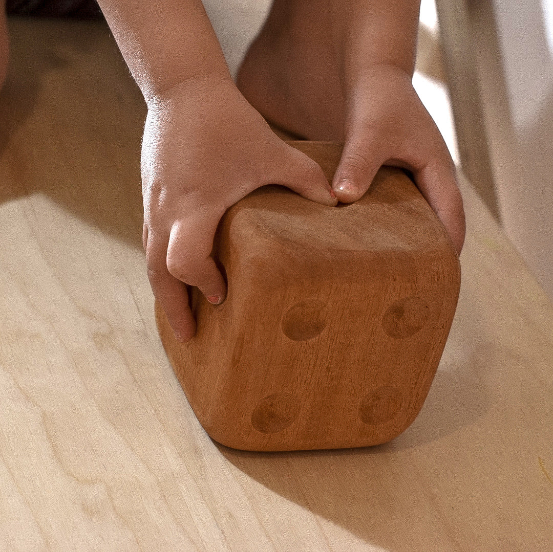Image of a child's hand holding a large mahogany wooden dice