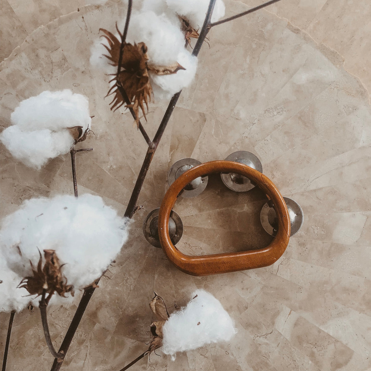 an image of a wooden tambourine instrument on a natural table with fluffy white cotton dried flowers next to it 